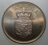 7.882 DANEMARCA FREDERIK IX 1 KRONE 1969 AUNC, Europa, Cupru-Nichel