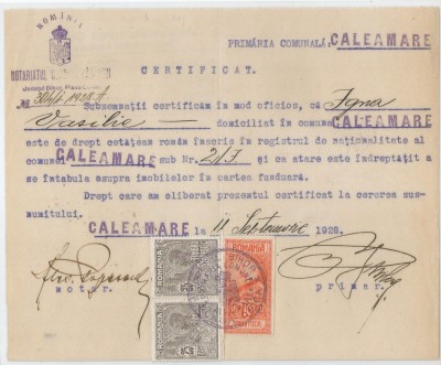 Romania, Primaria comunala, Certificat, Calea-Mare, 1928 foto