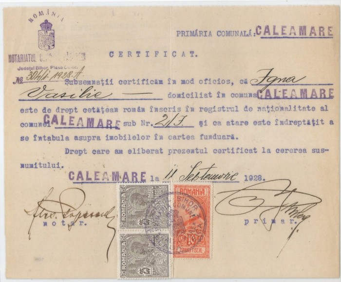 Romania, Primaria comunala, Certificat, Calea-Mare, 1928