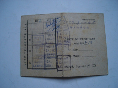 Carte de identitate Intreprinderea Coop. Lemnul Oradea, 1958-1959 foto