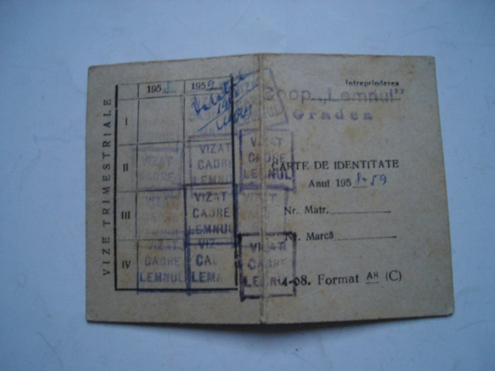 Carte de identitate Intreprinderea Coop. Lemnul Oradea, 1958-1959
