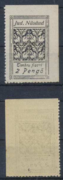 1945 Ardealul de Nord timbru local fiscal Nasaud 2 Pengo foarte rar nedantelat pe 2 laturi MNH. Aceste timbre au fost in uz doar doua luni.