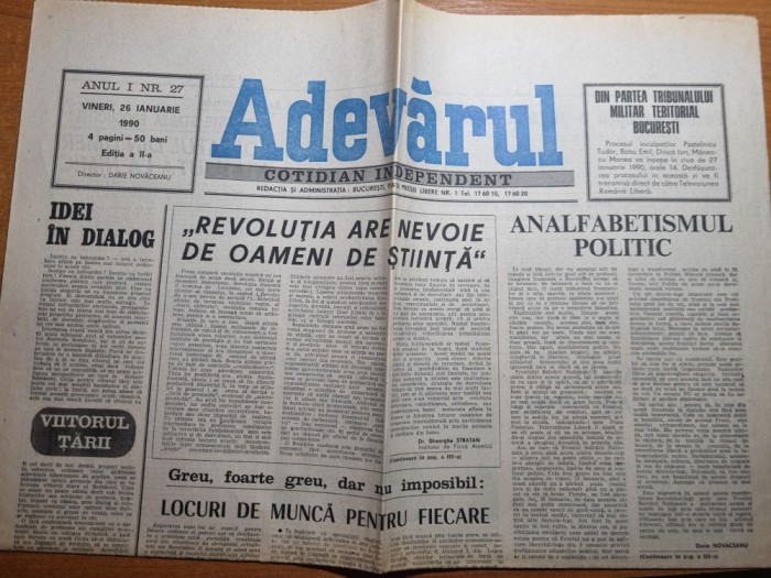 adevarul 26 ianuarie 1990-art. revolutia are nevoie de oameni si de stiinta