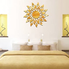 Set 27 Oglinzi Acrilice din PVC, Autoadezive pentru Decorare, Soare cu 26 de Raze, Auriu