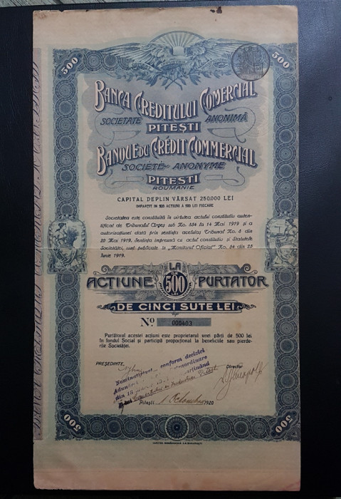 Actiune rara din 1920 Banca creditului comercial din Pitesti , titlu , actiuni