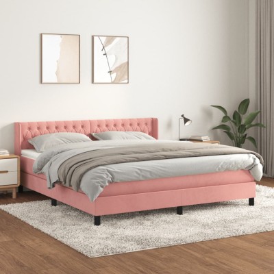 vidaXL Pat box spring cu saltea, roz, 160x200 cm, catifea 3131152 foto
