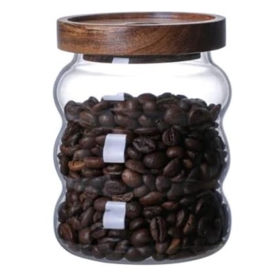Recipient din sticla borosilicata Pufo Spicey pentru zahar, cafea, ceai sau condimente, cu capac din lemn, 600 ml foto
