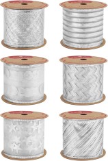 Set de 6 role de panglica pentru cadouri de Craciun Jodsen, textil, argintiu, 6 m x 63 mm