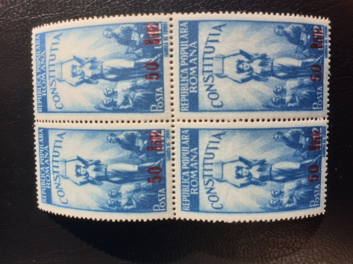 Rom&acirc;nia timbre 1952 supratipar bloc de 4 constitutia R,P,R. MNH