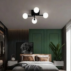 Lustra neagra cu globuri albe din sticla, dulie E27, dimensiune 54x54x18 cm