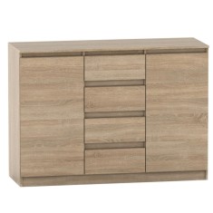 Comoda cu 2 usi si 4 sertare din mdf stejar sonoma Hany 134x49x95 cm