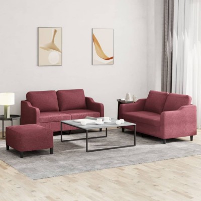 vidaXL Set canapea cu perne, 3 piese, roșu vin, material textil foto