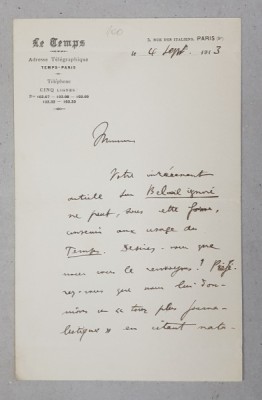 SCRISOARE EXPEDIATA DE UN REDACTOR AL ZIARULUI FRANCEZ &amp;#039; LE TEMPS &amp;#039; , SCRISA SI SEMNATA OLOGRAF L . AUBIN , DATATA 4 SEPTEMBRIE 1913 foto