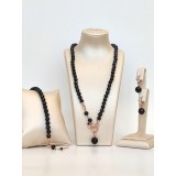 Set Bijuterii Energy Agat Negru Fațetat, Placat Aur Roz, Colier, Brățară &amp; Cercei Argint 925, Zirconiu Cubic, Made in Italy