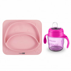 Set de hranire cu 2 piese, Farfurie compartimentata din silicon fara BPA, FreeON si canuta Philips Avent cu tetina de formare, 6 luni+, 200 ml, Teddy