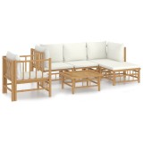 Set mobilier de gradina cu perne alb crem, 6 piese, bambus