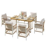 Set modern de mobilier de grădină, 7 piese, cadru alb din fier cu cotiere &icirc;mpletite, 1 masă+6 scaune, Bej+Culoare naturală