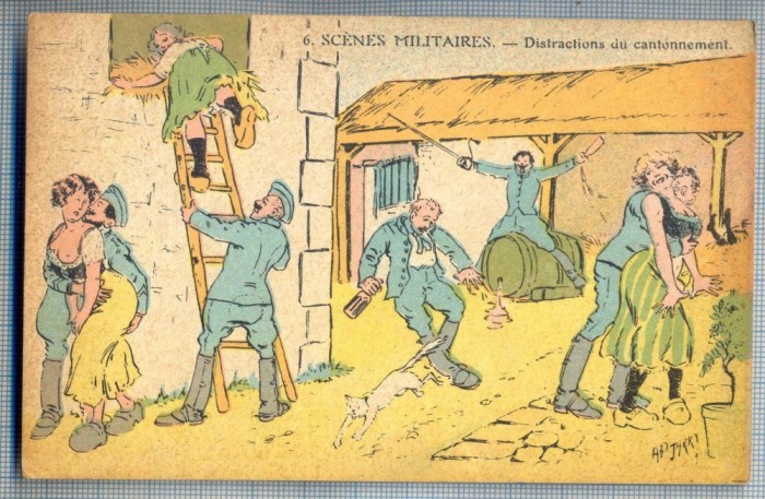 AX 73 CP VECHE INTERBELICA -UMORISTICA MILITARA -DISTRACTIE IN CANTONAMENT