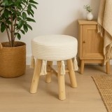 Taburet Decorativ din Lemn cu Macrame și Ciucuri &ndash; Stil Boho, CMCLASS