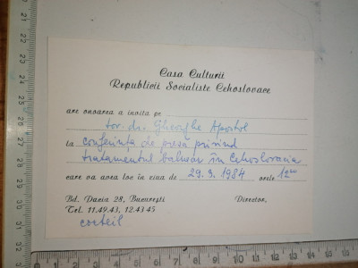 INVITATIE CASA DE CULTURA A CEHOSLOVACIEI - 1984 foto