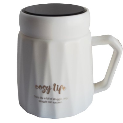 Cana din ceramica cu capac Pufo Grateful pentru cafea sau ceai, 350 ml, alb foto