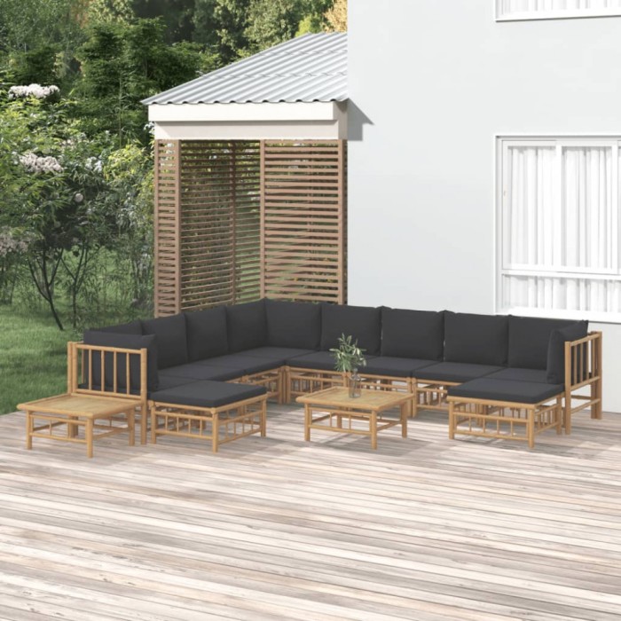 vidaXL Set mobilier de grădină cu perne gri &icirc;nchis, 12 piese, bambus 3155227