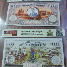 REPRODUCERE pe hartie cu filigran si fire UV proiect bancnota 1.000 lei 1932