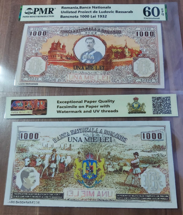 REPRODUCERE pe hartie cu filigran si fire UV proiect bancnota 1.000 lei 1932