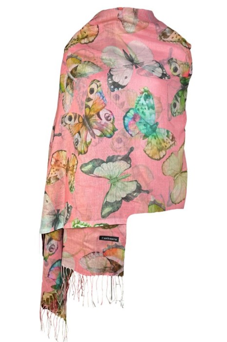 Esarfa cu fluturi din material tip casmir, Dacali, roz bujor, 185 x 75 cm