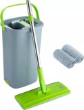 Set mop si galeata, EasyGleam, mop plat cu maner din otel inoxidabil, galeata inovatoare cu doua camere pentru utilizare umeda si uscata, 1 Rezerva,