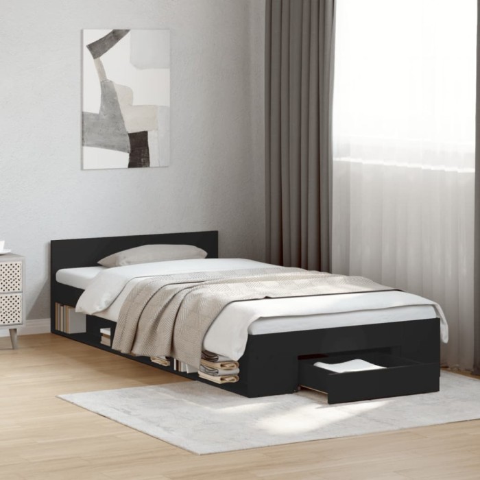 vidaXL Cadru de pat cu sertar, negru, 90x200 cm, lemn prelucrat 3280798