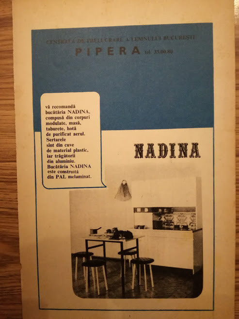 1974, Reclamă bucătăria NADINA, 17 x 24 cm, mobilă, Centrala PIPERA Bucuresti