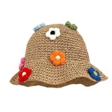 Palarie din rafie decorata cu floricele multicolore