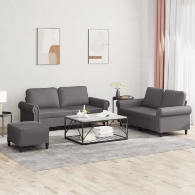 vidaXL Set de canapele cu perne, 3 piese, gri, piele ecologică foto