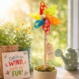 Moara de vant decorativa, 32 cm, Multicolor, Model cu lamai, 6 pale, cu bat de lemn, CMCLASS