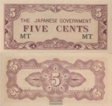!!! RARR : MALAYA , OCUPATIA JAPONEZA - 5 CENTI (1942} - P M 2 a - UNC