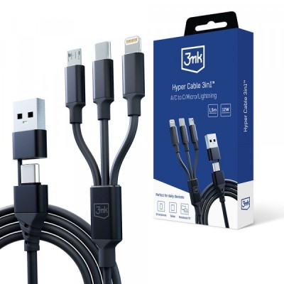 Cablu Incarcare USB-A / USB-C - Lightning / microUSB / USB-C 3MK Hyper 3in1, 12W, 1.5m, Negru foto