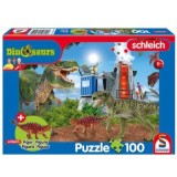 Puzzle 100 piese, Dinozauri din timpuri preistorice + Cadou: figurina dinozaur Saichania, Schimdt