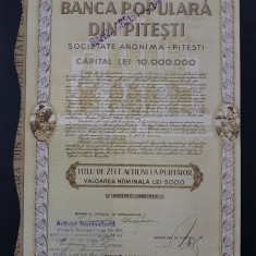 Actiune 1939 banca populară din Pitesti , titlu de 10 actiuni