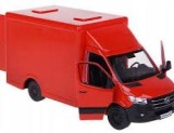 Macheta Mercedes Sprinter rosie duba transport replica metal cu usi fata si usi spate deschise mecanism pull back fara cutie proprie