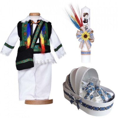 Set botez national baietel, trusou botez landou, lumanare si costum foto