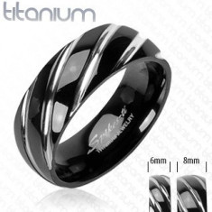 Inel realizat din titan,de culoare neagră - crestături înguste,teşite în nuanţă argintie - Marime inel: 50