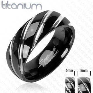 Inel realizat din titan,de culoare neagră - crestături &amp;icirc;nguste,teşite &amp;icirc;n nuanţă argintie - Marime inel: 50 foto