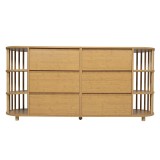 Comodă Sideboard, 6 sertare &amp; rafturi deschise, design &icirc;n stil roman cu coloane &amp; rafturi din bambus, 160x40x75 cm, Culoare naturală