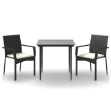 Set mobilier de gradina cu perne, 3 piese, negru, poliratan
