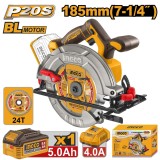 Fierastrau Circular Profesional 20V 185mm Brushless INGCO CSLI18513E, 4800 rpm, taiere 65mm la 90&deg;, 45mm la 45&deg;, ax 20mm, 1 acumulator 5Ah + incarcato