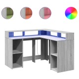 Cumpara ieftin Birou cu lumini LED, gri sonoma, 130x130x91 cm, lemn prelucrat