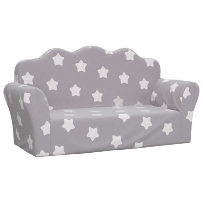 Canapea pentru copii 2 locuri, gri deschis cu stele, pluș moale foto