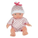 Păpușă Bebeluș 12cm, Body Alb Buline Roz, Căciuliță, 1 An+ , Jucărie Fată, Plastic