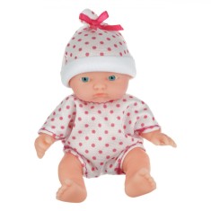 Păpușă Bebeluș, Body Alb cu Buline Roz, Căciuliță Asortată, 12 cm